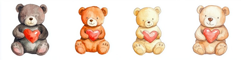 Fototapeta premium A charming illustration of four teddy bears, each holding a heart, showcasing different colors and expressions of love and affection.