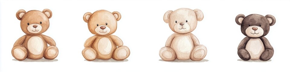 A collection of cute teddy bears in varying shades, each with a soft appearance, evoking warmth and nostalgia.