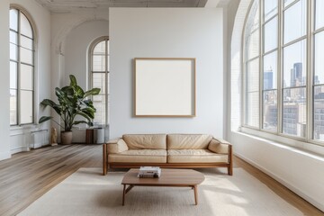 A spacious, modern living room with a large window, a sofa, a coffee table, and a blank picture frame on the wall.