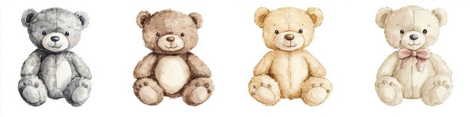 A collection of four adorable teddy bears in various colors and styles, showcasing their charming, plush textures and friendly expressions.