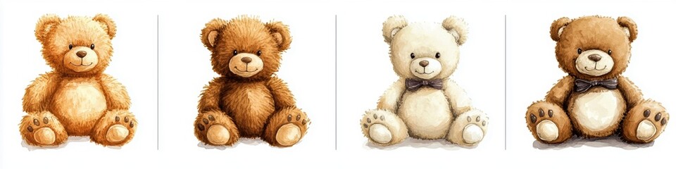 Fototapeta premium A collection of four cute teddy bears in varying shades of brown and cream, each with a charming expression, perfect for decoration or gifting.