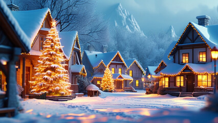 A quaint village covered in snow, with a glowing Christmas tree in the town square, houses adorned with festive lights, and a peaceful winter atmosphere.
