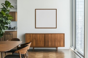 A modern dining room with a wooden table and chairs, a wooden cabinet, and a large framed canvas on the wall.