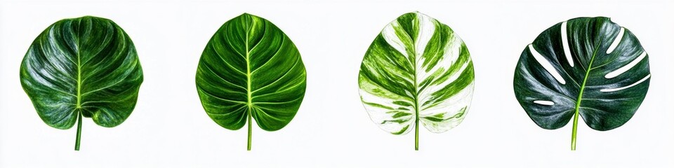 A collection of four green leaves showcasing various shades and patterns, highlighting the beauty of nature's diversity.