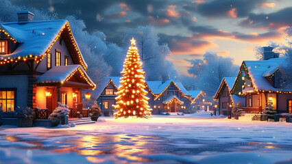 A quaint village covered in snow, with a glowing Christmas tree in the town square, houses adorned with festive lights, and a peaceful winter atmosphere.