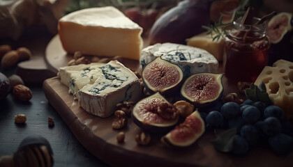 Fototapeta premium Gourmet Cheese Board with Figs, Honeycomb, and Nuts
