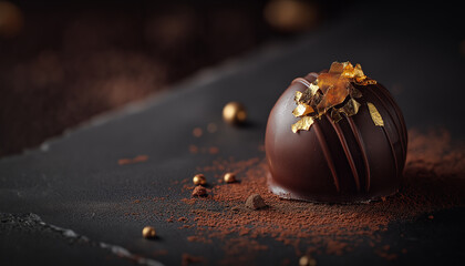 Chocolate Truffle with Gold Leaf on Dark Slate Background