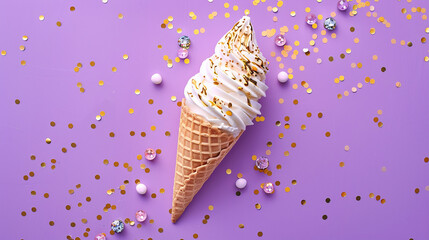 Ice cream cone topped with glittering golden confetti
