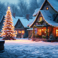 A quaint village covered in snow, with a glowing Christmas tree in the town square, houses adorned with festive lights, and a peaceful winter atmosphere.