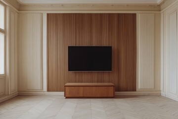 Minimalist living room interior with wooden wall panels and a TV on the wall.