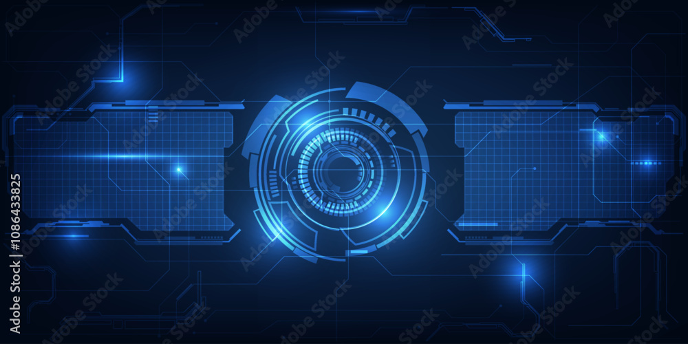 Poster vector illustration of futuristic blue digital high technology with circle hud and digital circuit e