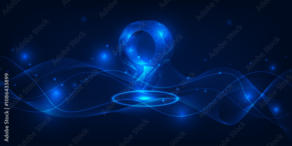 Poster vector illustrations of futuristic location icon pin on mesh wave form.business strategy and digital