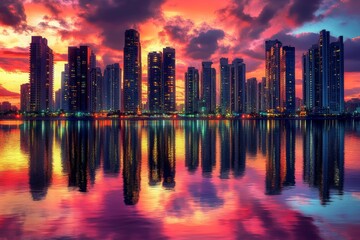 Obraz premium Stunning Cityscape at Sunset with Vibrant Colors, Reflecting Skyscrapers and Calm Water in Urban Environment, Perfect for Travel and Real Estate Projects