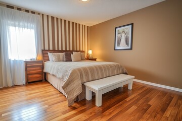 A spacious and modern bedroom with a king-size bed, striped wallpaper, hardwood floors, and a white bench at the foot of the bed.