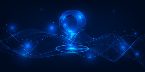 Vector illustrations of futuristic location icon pin on mesh wave form.Business strategy and digital communication concepts.