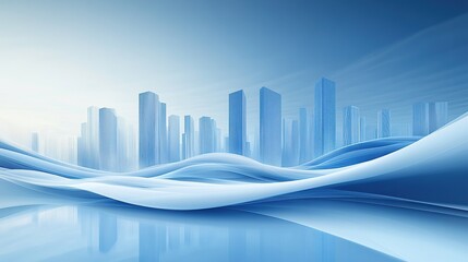 Fototapeta premium Blue background, technology city skyline, white waves and curves, gradient light blue color scheme, simple style, flat composition