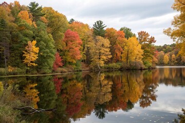 Trees reflected in a calm autumnal pond, leafy foliage, tree canopy