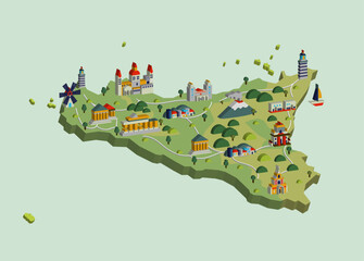 isometric infographic map design of Sicily island