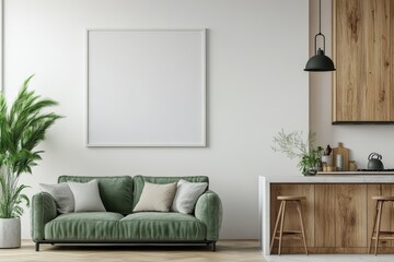 A white wall with a framed empty canvas above a green velvet sofa, next to a kitchen with wooden cabinets and a white counter with stools.