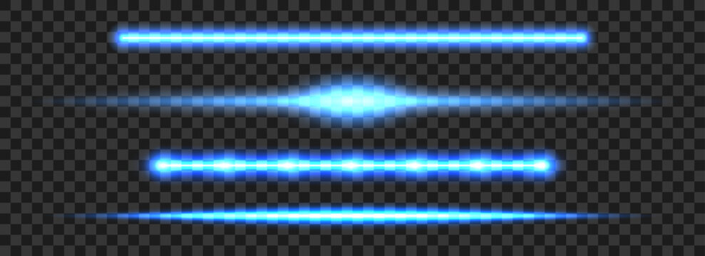 Glowing blue neon tube lamp set. Led light blue line beam collection. Bright luminous fluorescent bar stick lines. Shining cold color strip element pack to divide, separate, decorate. Vector