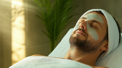 A man lying on a spa bed with a white towel wrapped around his hair, receiving a facial treatment.