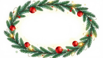 Christmas elegant oval wreath made of evergreen branches is decorated with red ornaments, berries, and soft, glowing string lights on white background. Cheerful, festive holiday decor with copy space.