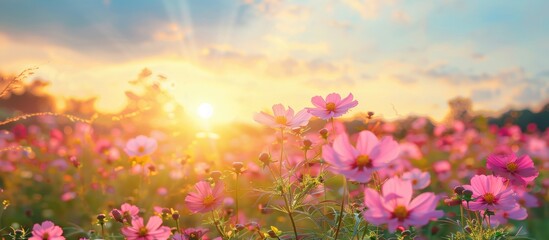 Beautiful Cosmos Flowers Blooming In Garden Scenic Cosmos Flower Field Landscape At Sunset Pink Cosmos Flower Blooming In The Field Selective Focus
