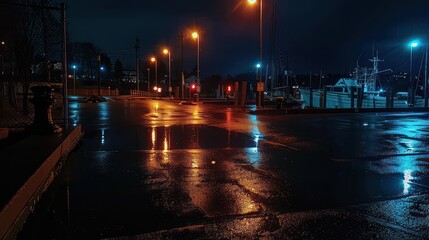 Obraz premium the pier siren is illuminated by street lights at night on the dark edge of the pier