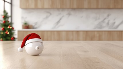 Fototapeta premium Festive Piggy Bank in Santa Hat on Wooden Table Christmas Savings