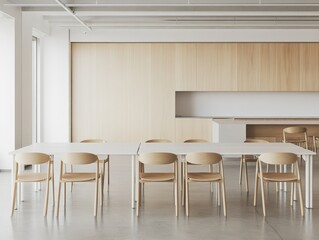 Modern minimalist office break room with wooden paneling and a long white table and chairs.