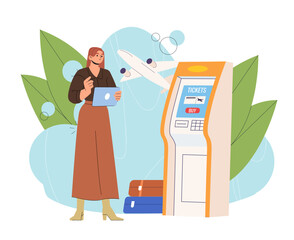 Woman with plane tickets. Young girl buys plane tickets in terminal. Travel and tourism, flights. Passenger at airport. Journey and vacation. Flat vector illustration isolated on white background