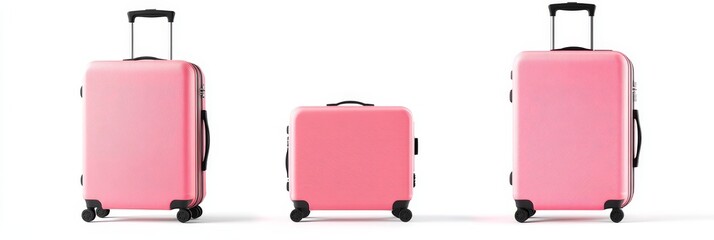 Three pink suitcases of different sizes on a white background. (1)