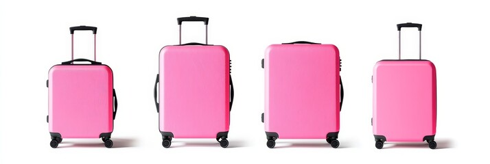 Four pink suitcases of various sizes isolated on a white background.