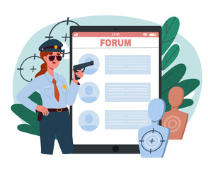 Woman with police forum. Young girl in police uniform with gun and sunglasses. Law and enforcement. Safety and security at city streets. Flat vector illustration isolated on white background