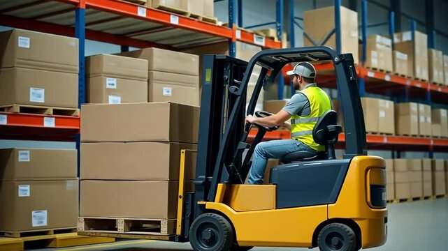 A light-skinned man in a gray cap and yellow safety vest operates a yellow forklift to transport a large pallet of boxed goods in a spacious warehouse.