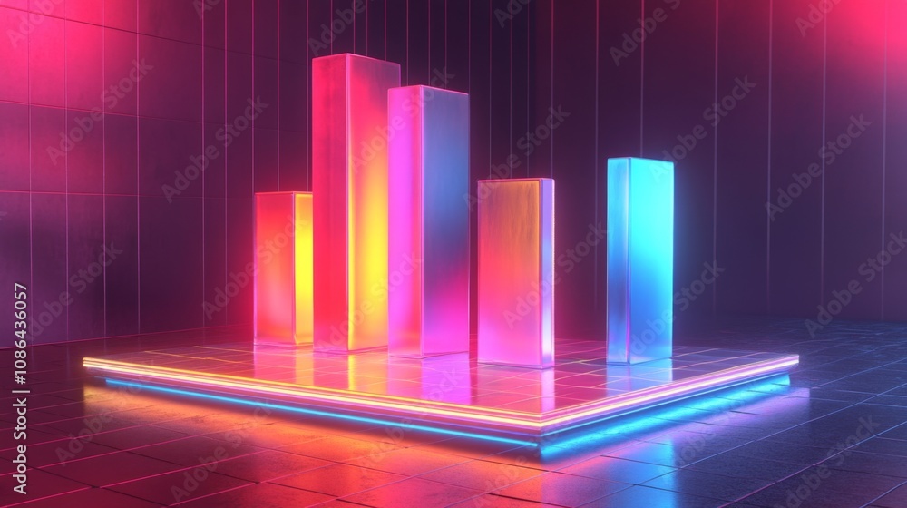 Poster vibrant neon bar graph in a futuristic setting with glowing lights and reflection, ideal for present