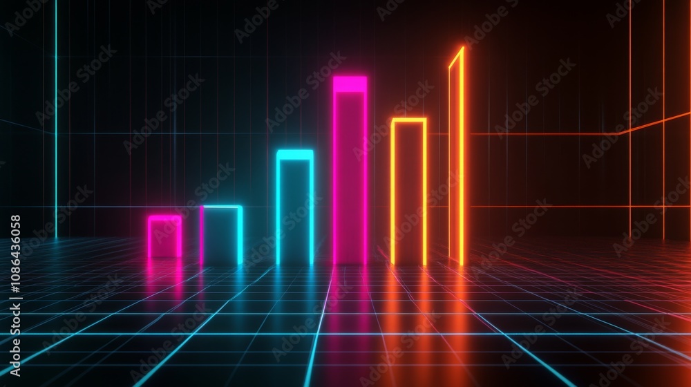 Poster colorful neon bar graph on a dark background representing growth and progress in data visualization 