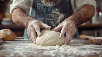 A baker kneading dough on a wooden table.