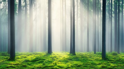 Serene Misty Forest Dawn Sunbeams Moss Trees Nature