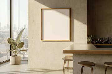 A blank poster mockup hangs above a bar counter in a modern cafe with a city view.
