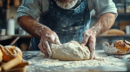 A baker kneads dough with flour on a wooden table in a rustic kitchen.