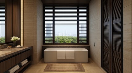 Obraz premium Modern Minimalist Bathroom Design Freestanding Tub City View Luxury Interior
