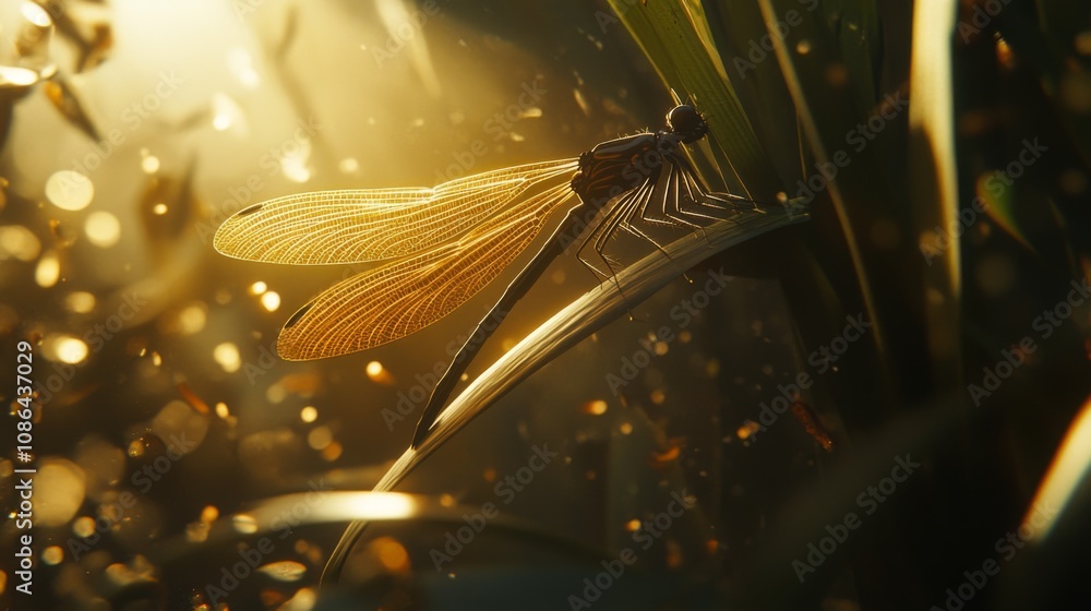 Poster Close-Up of a Dragonfly on a Leaf Bathed in Golden Light with Soft Backlighting Creating an Enchanting Atmosphere in a Serene Natural Setting