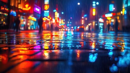 A photograph of a city street after rain, with reflections on the wet pavement, neon lights reflecting in the puddles