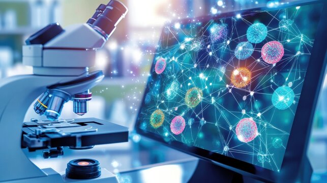 a close-up of a microscope in use, showing a slide with colorful cells magnified on a digital screen, background is blurred.