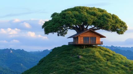 Fototapeta premium Dreamlike Treehouse Cabin on Mountaintop Lush Landscape Peaceful Nature Scene
