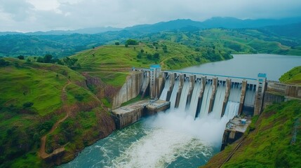 Obraz premium Aerial view of water turbines at a hydroelectric dam, surrounded by green hills and mountains