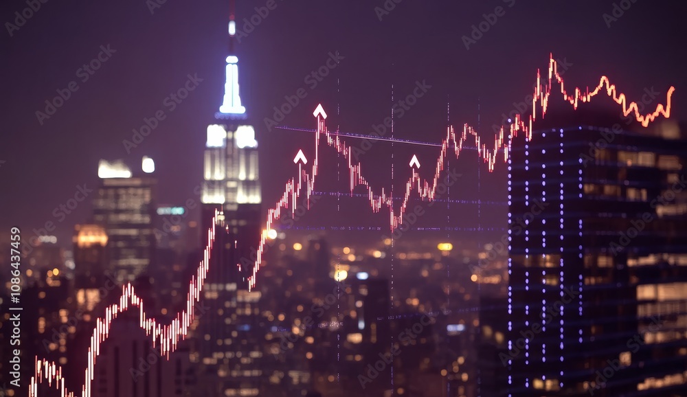 Aufkleber a glowing stock market chart overlayed on a nighttime cityscape with a skyscraper in the background.