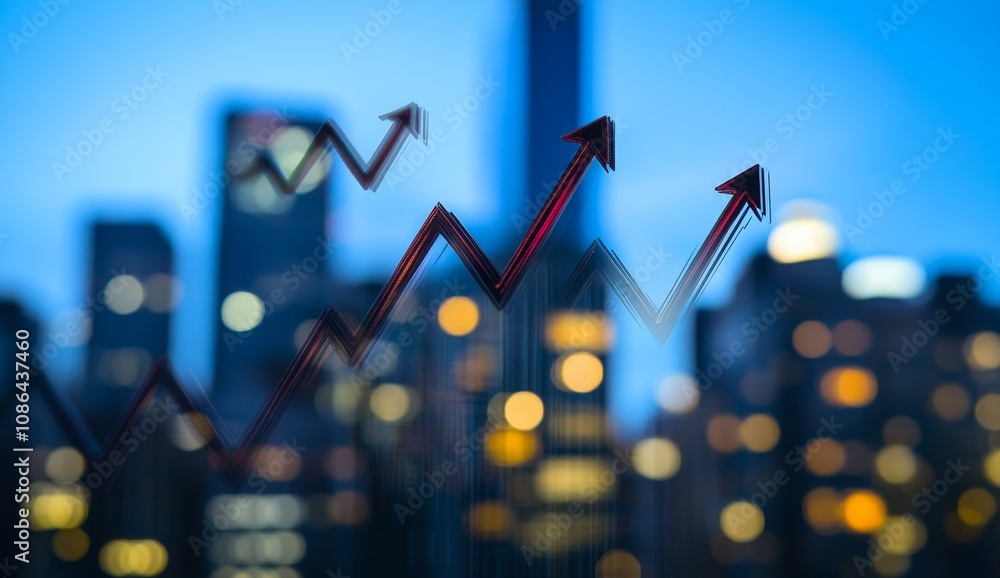 Poster red arrows pointing upward against a backdrop of city lights at dusk, symbolizing growth and prosper