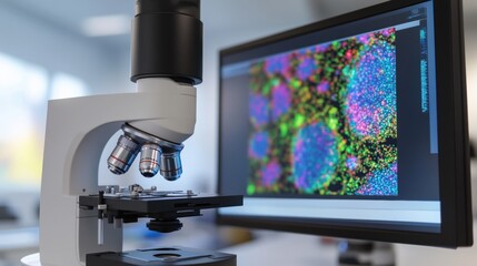 a close-up of a microscope in use, showing a slide with colorful cells magnified on a digital screen, background is blurred.